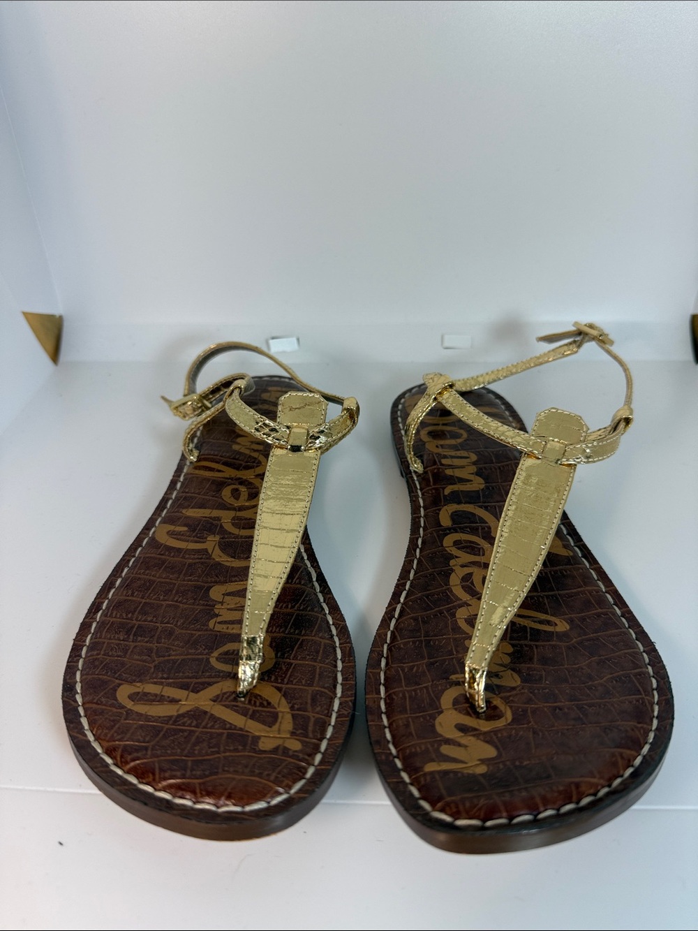 Sam Edelman Metallic Gold T-Strap Leather Sandals